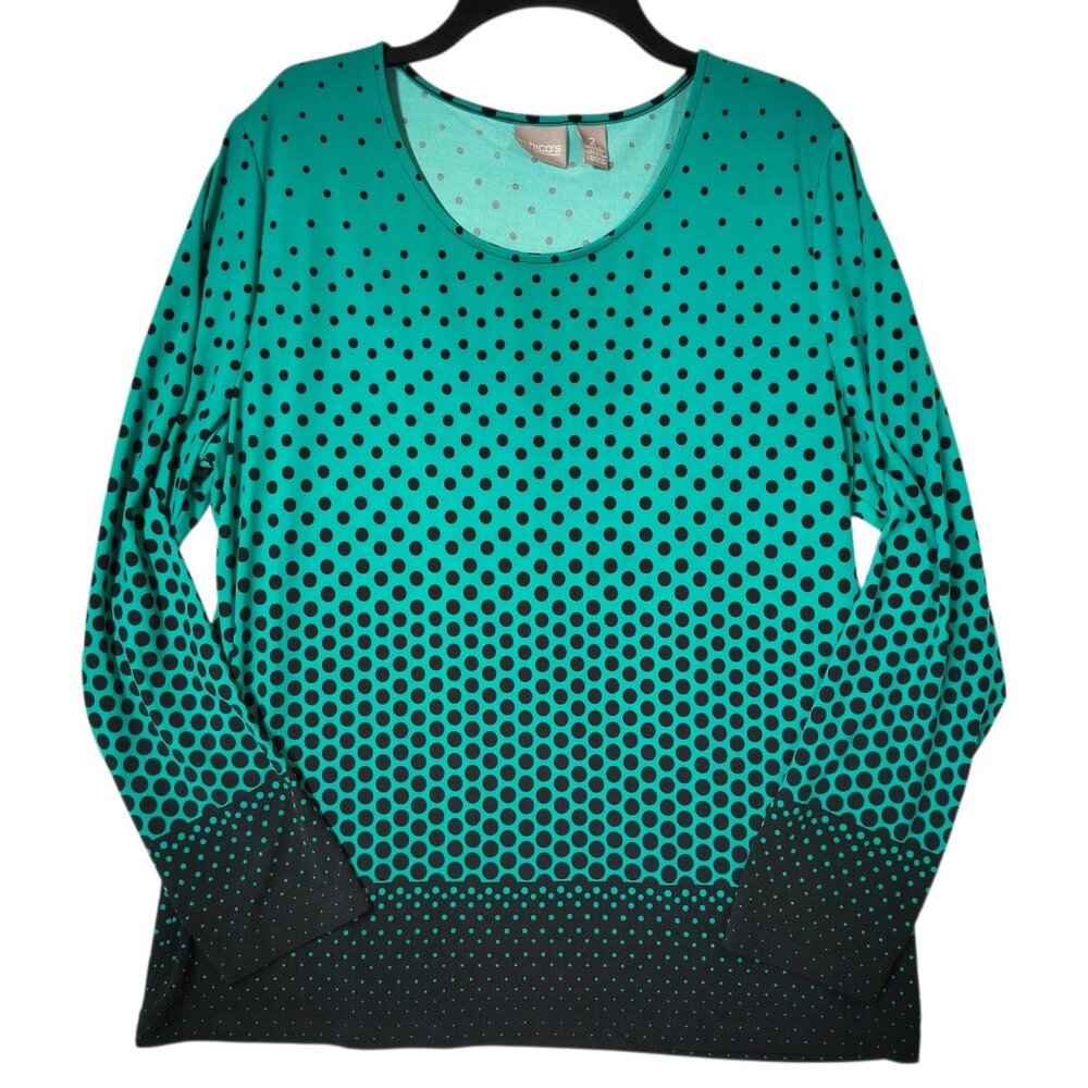 Chicos Shirt 2 LARGE Green Black Polka Dot Stretch Long Sleeve Blouse